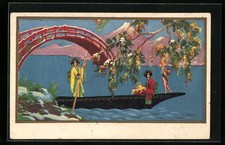 Künstler-AK Tito Corbella: Geishas auf einem Boot unter blühenden Bäumen 