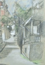 Sonja Wüsten Stadt Gasse Häuser Pastell Ansicht Unikat 20. 21. Jahrhundert