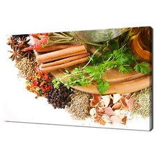 Bunte verschiedene frische Kräuter und Gewürze auf Holzbrett Küche Leinwandbild