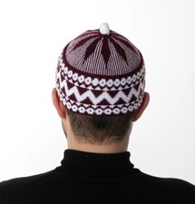 Zickzack Haji Wolle Herren Kappe islamische Gebet Mütze Topi Kufi mit weißer Kugel