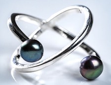 Damenring 925er Silber mit 2 Schwarze Perlen Größenverstellbar