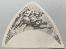 Putto Löwe Seepferd Audran n. Raffael Kupferstich Zwickel Villa Farnesina 19.Jh.