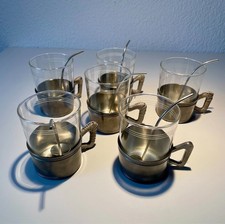 Edles Teeservice 6 Teegläser Schott Jena + 6 Haltern und Löffel aus Zinn 