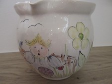Ody Keramik Kunst Malerei Kinder Krug Henkelkrug Blumen Vase Tischvase  creme