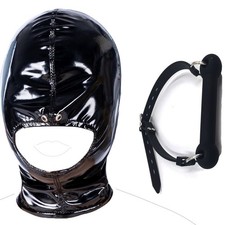 Bondage Lackleder Kopfbedeckung Maske Offener Mund Kopfhaube Kopfgeschirr BDSM