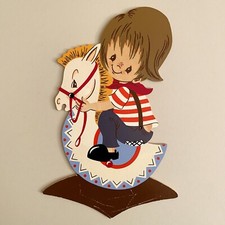 1960er Schaukelpferd-Junge Mertens-Kunst Große Augen Kind Alt Märchen-Holzbild 