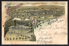 Lithographie Alfeld a. d. Leine, Das Hotel Schlehberg, Inh. Emil Dreusicke, Ort 