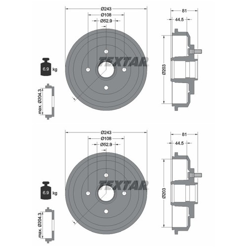 Textar 203mm bremstrommeln - 2x,