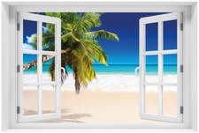 Wallario Poster mit Fenster-Illusion Südseestrand Karibik Palme Sand Strand Meer