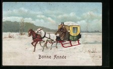 Ansichtskarte Pferdeschlitten mit Kutscher im Mantel, Neujahrsgruß 