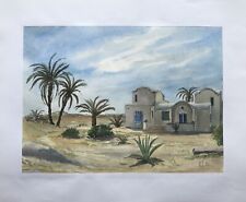 Aquarell Landschaft mit Finca Sommertag Palmen Agaven Nordafrika Monogramm KL 80