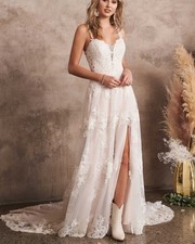 2026 Floral Spitze Brautmode Brautkleid Hochzeitskleid 32-60 Schlitz Träger