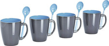 Henkelbecher Melamin Grey Line 4-teilig (türkisblau) m. Löffel Camping Garten