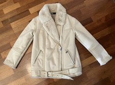 Winterjacke Zara Leder Lammfell Optik Fell Imitat Damen Jacke Größe S beige
