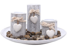 Teelichthalter Set Grau Herzen Teller Kerzenhalter Deko Shabby Vintage Ø24 H12