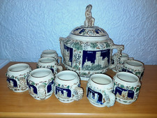 Antikes Bowle Set, Burgen Rumtopf, Keramik, Steingut mit 9 Bechern, beige/blau