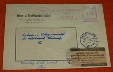 Freistempler mit Hinweiszettel ZKD Zensur Kontrolle Eisen- Stahlhandel Halle DDR