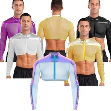 DE Herren Glitzer Crop Tops Langarm Bauchfreie Reißverschluss Nachtclubs  Party