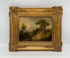 Kleines Ölbild 19. Jahrhundert Landschaft mit Hirte Kühen Ziege und Haus Anonym