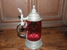 Antiker Böhmischer Bierkrug-Rubinrot geschliffenes Glas mit Zinndeckel, ca. 1890