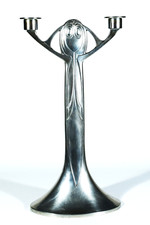 Zinn Kerzenhalter ° J.M. OLBRICH Maskenleuchter im Jugendstil ° Kayser Nachguß