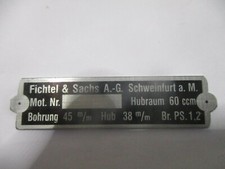 Typenschild Fichtel sachs Schild 60ccm 1,2PS Fahrrad-Hilfs-Motor s60