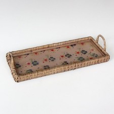 Kleines vintage Serviertablett aus Holz mit Glasboden Motiv Blumen, 28x11,5 cm