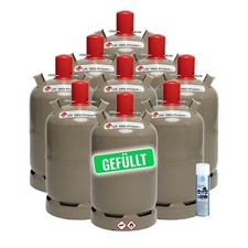 9 x Campinggas Flaschen 11 kg grau, gefüllt  inkl. Lecksuchspray 400ml