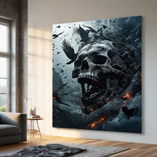 Totenschädel Poster – Dunkle Fantasy Wandbild – Raben & Feuer | Gothic Kunst