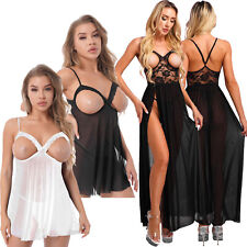 DE Damen Brustfreie Mesh Nachtkleid Reizwäsche Babydoll Nachtwäsche Dessous Set