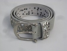 Unisex Echtleder Gürtel grau mit Nieten und Strass 4 x 100 cm   NEU