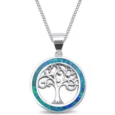 Blau Opal Lebensbaum Anhänger Halskette  925 Sterling Silber Damen Kette Rund