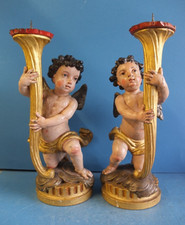 1 Paar alte, Leuchterengel, Holz geschnitzt und farbig gefasst, Barock, 18. Jhd.