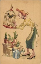 Ak Alte Frau, Vogelkäfig, Kakteen - 4472475