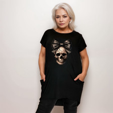 Langes T-Shirt Totenkopf mit Schleife und Seitentaschen