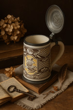 Antiker Fayence Walzenkrug 18. Jhdt handbemalt mit Zinndeckel Maria Prägung