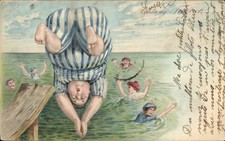 Ak Strand, dicke Frau springt ins Wasser, Humor - 4474517