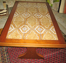 Midcentury Couchtisch m. Kacheln, ausziehbar 135-195 cm, höhenverstellbar, Nußb.