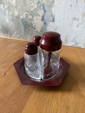 Art Deco Menage Bakelit Garnitur, Salz, Pfeffer, Essig, Höhe 13cm Poncet