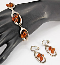 Armband und Ohrringe Clips Set Konvolut 925 Silber Bernstein Vintage 60er 70er