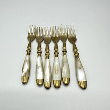 6 Stück Gabel Obstgabeln Klein Messing Perlmutt Griff Handgefertigt wohl Antik