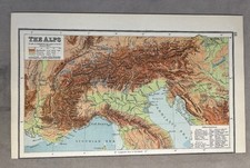 Die Alpen - 1935 alte farbige Papierkarte des London Geographical Institute