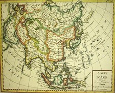 Grenzkolor. Kupferstich ca 1786: CARTE D`ASIE / antike Landkarte von ASIEN