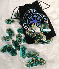 Runen-Set 25St. Grün Malachit Samtbeutel Schwarz Nordic Magie Wikinger Handmade