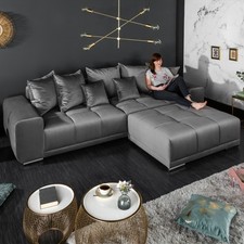 Design XXL Sofa ELEGANCIA 285cm Silbergrau Samt inkl. Kissen Couch 3-Sitzer Big