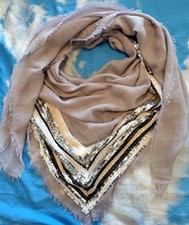 Schal Tuch Dreieckstuch Grau Stickerei Pailletten Bordüre Schwarz Beige Silber