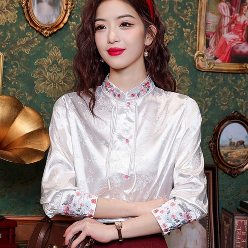 Bestickt damen satin shirt - satin,