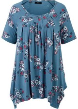 Neu Zipfel-Longshirt Gr. 36/38 Jeansblau Bedruckt Damenshirt Bluse Tunika