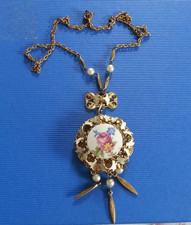 Tschechisches goldf. Vintage Collier Blumenanhänger aus Spitze Porzellaneinsatz