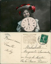 Glückwunsch - Neujahr/Sylvester col Foto Mädchen mit Riesenuhr 1909